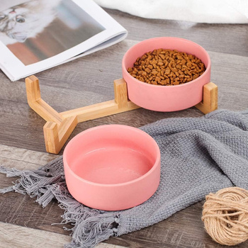 Double ceramic wooden bowl pink 2x400 ml