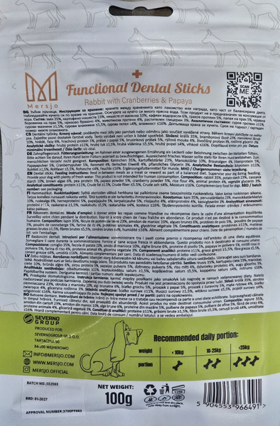 Przekąska stomatologiczna dla psów Mersjo Dental Sticks - królik z papają i żurawiną (28 sticków)