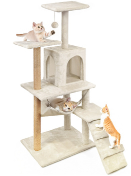 Katzenkratzbaum, Haus mit Spielzeug, hoch, 6 Ebenen, Bett, Comfort Line beige