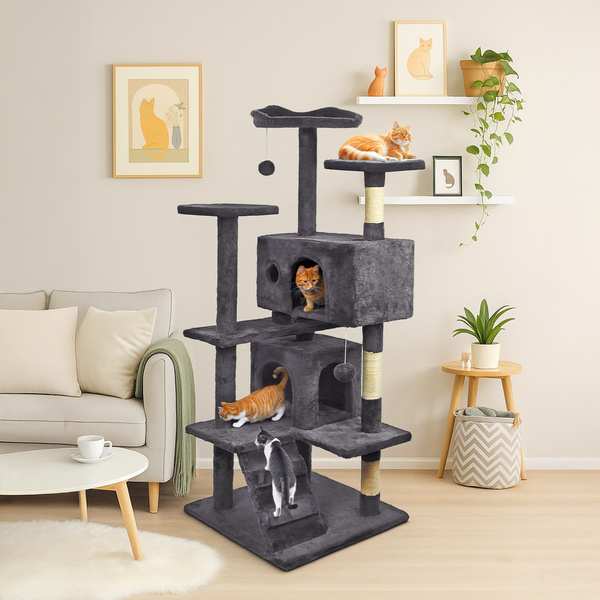 Katzenkratzbaum, stabil, hoch, 7 Stufen, Bett dunkelgrau 138cm