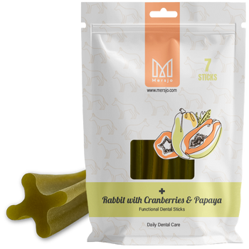 Przekąska stomatologiczna dla psów Mersjo Dental Sticks - królik z papają i żurawiną (28 sticków)