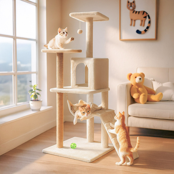 Katzenkratzbaum, Haus mit Spielzeug, hoch, 6 Ebenen, Bett, Comfort Line beige