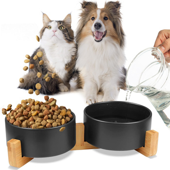 Doppelter Keramik-Holznapf für Hunde und Katzen GERDA schwarz 2x400ml