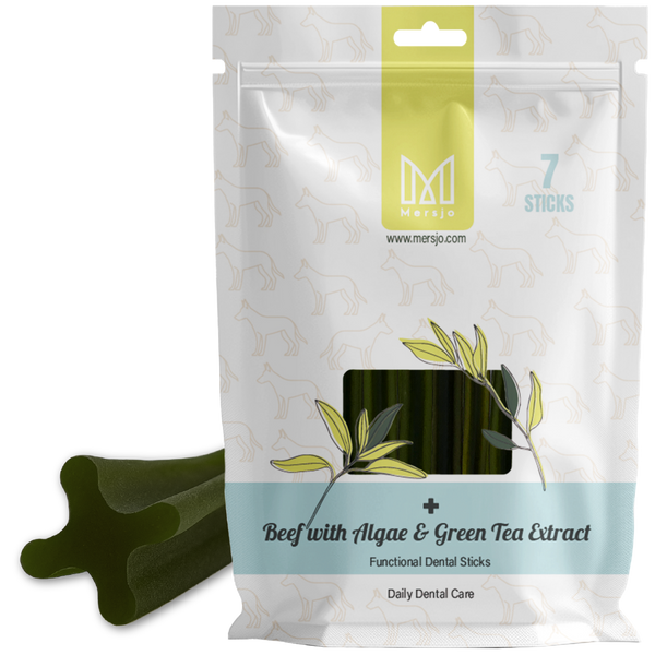 Zahnpflegesnack für Hunde Dental Sticks Mersjo Rind Algen Grüntee 28 Stück
