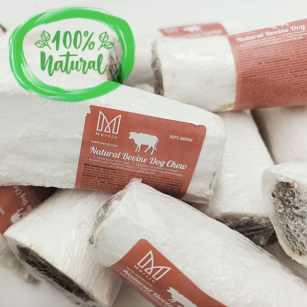 Natural dog chew with beef bone and meat, treat, delicacy, Mersjo