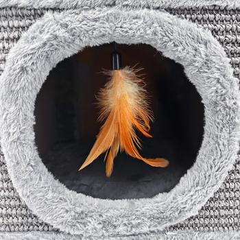 Sturdy cat scratching post 38cm,  with feather and bed Cabin I  grey