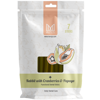 Przekąska stomatologiczna dla psów Mersjo Dental Sticks - królik z papają i żurawiną (28 sticków)