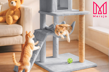 Cat scratching post, house with toy, high, 6 levels, bed, Comfort Line light grey